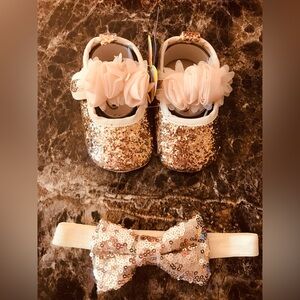 Glittery Gold Kids Shoes with Headband